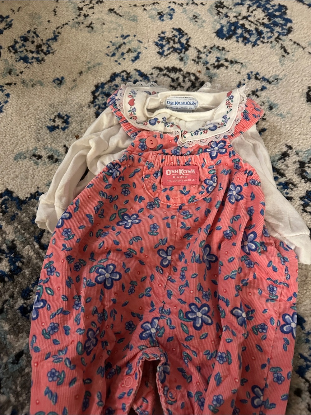 Vintage OshKosh B'gosh Pink Floral Corduroy Overalls & Ruffle Top Set 6-9 Months